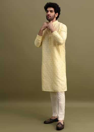 Yellow Men Kurta Set With Threadwork