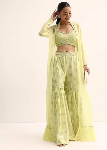Yellow Mirror Crop Top With Jacket And Sharara