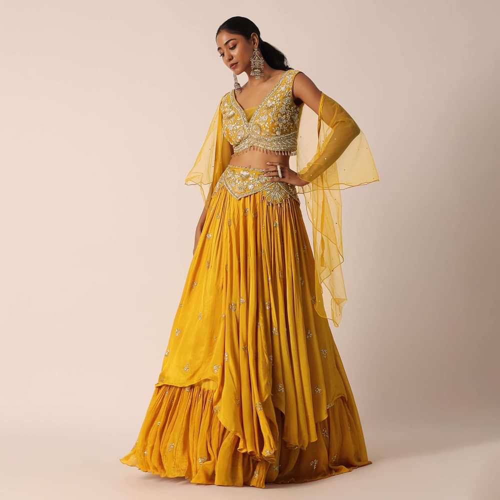 Orange Mirror Embellished Lehenga Set In Crepe