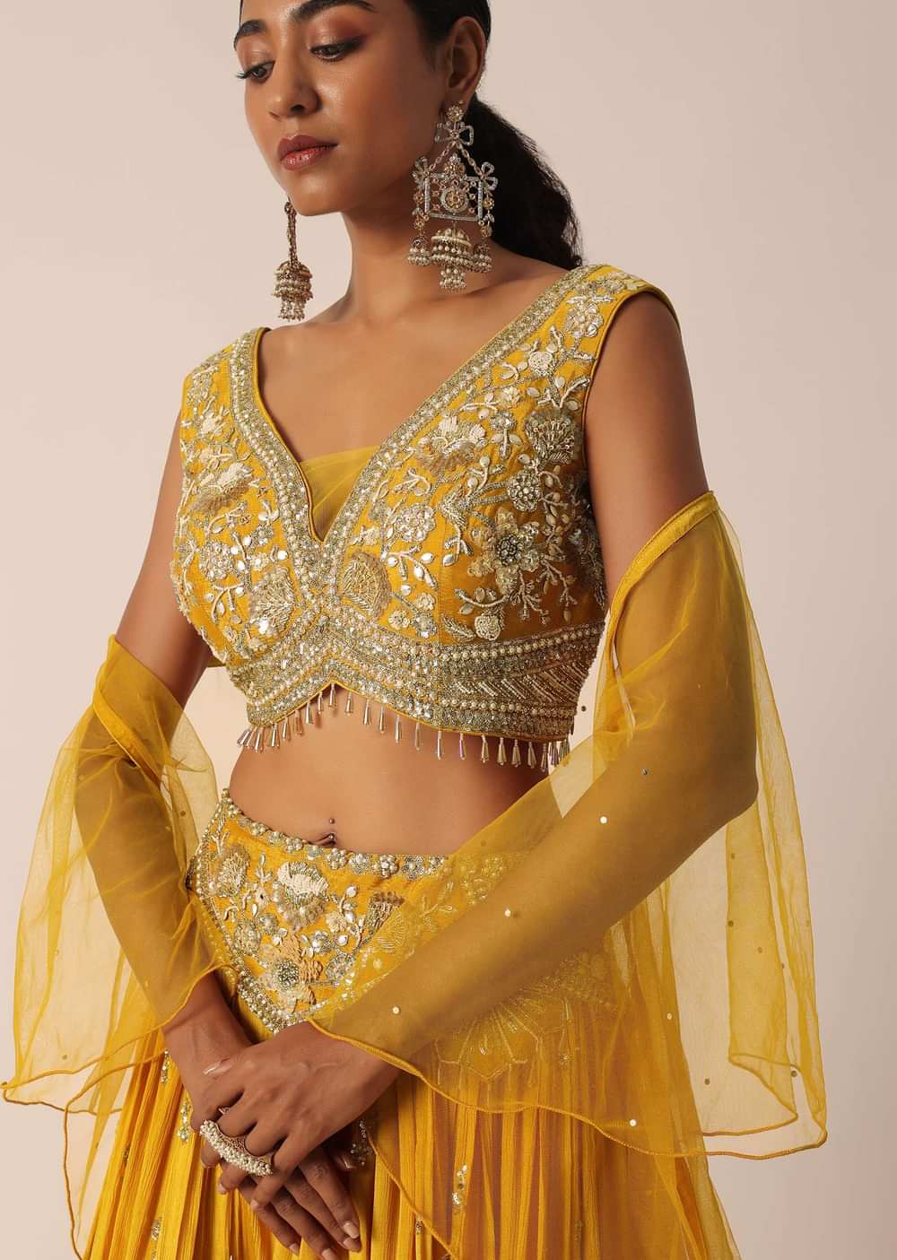 Orange Mirror Embellished Lehenga Set In Crepe
