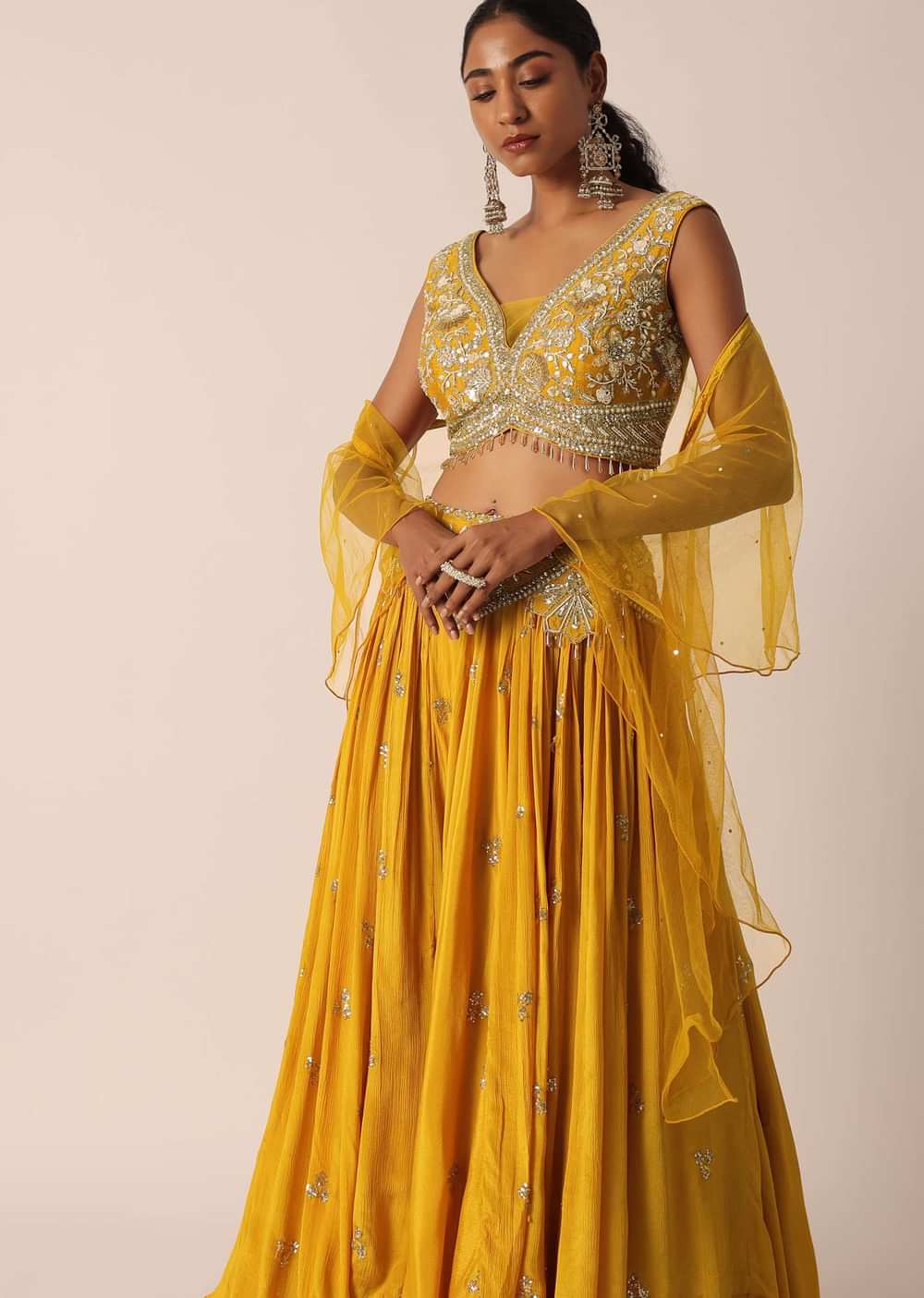 Orange Mirror Embellished Lehenga Set In Crepe