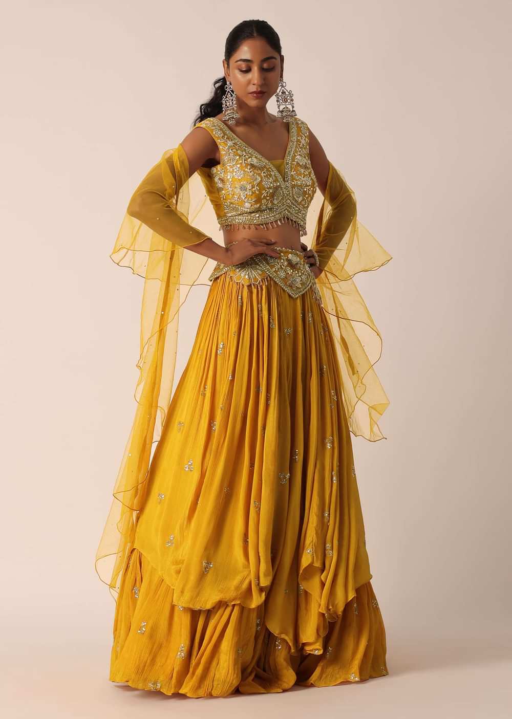 Orange Mirror Embellished Lehenga Set In Crepe