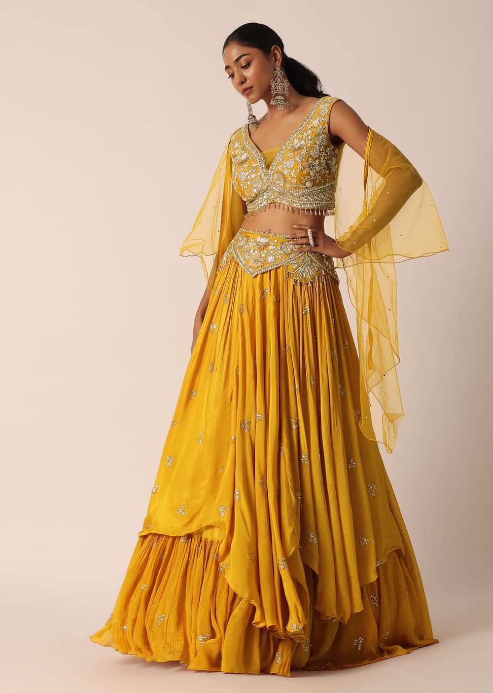 Orange Mirror Embellished Lehenga Set In Crepe