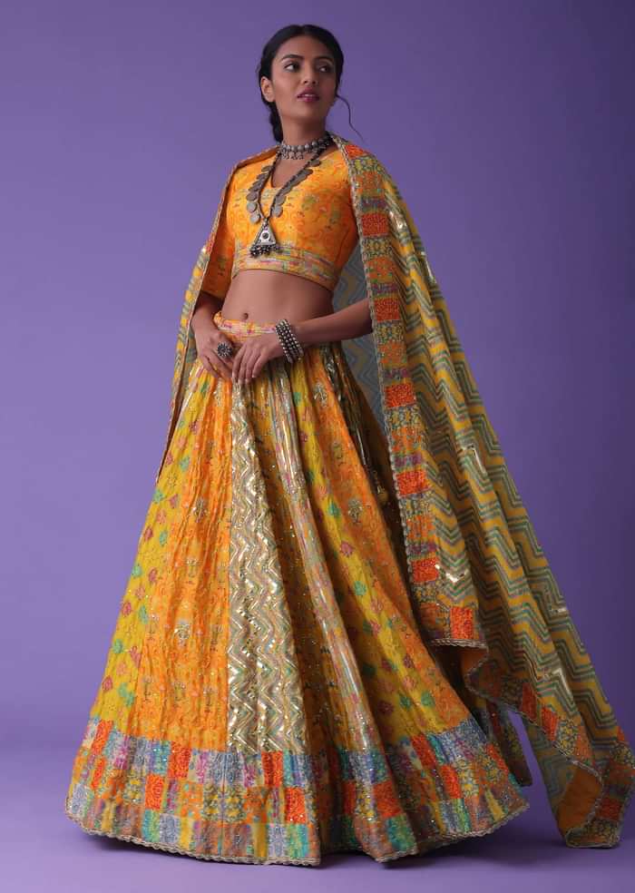 Cyber Yellow Multicoloured Printed Panel Lehenga With Embroidery In Silk