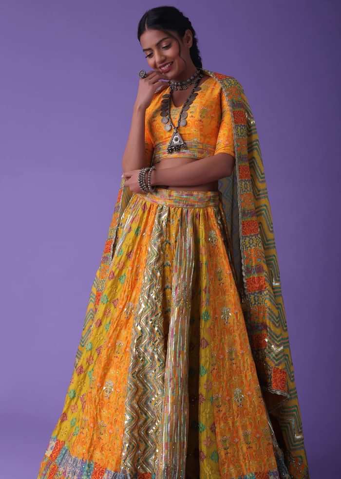 Cyber Yellow Multicoloured Printed Panel Lehenga With Embroidery In Silk