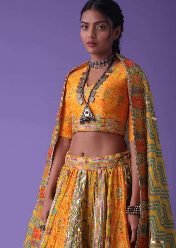 Cyber Yellow Multicoloured Printed Panel Lehenga With Embroidery In Silk