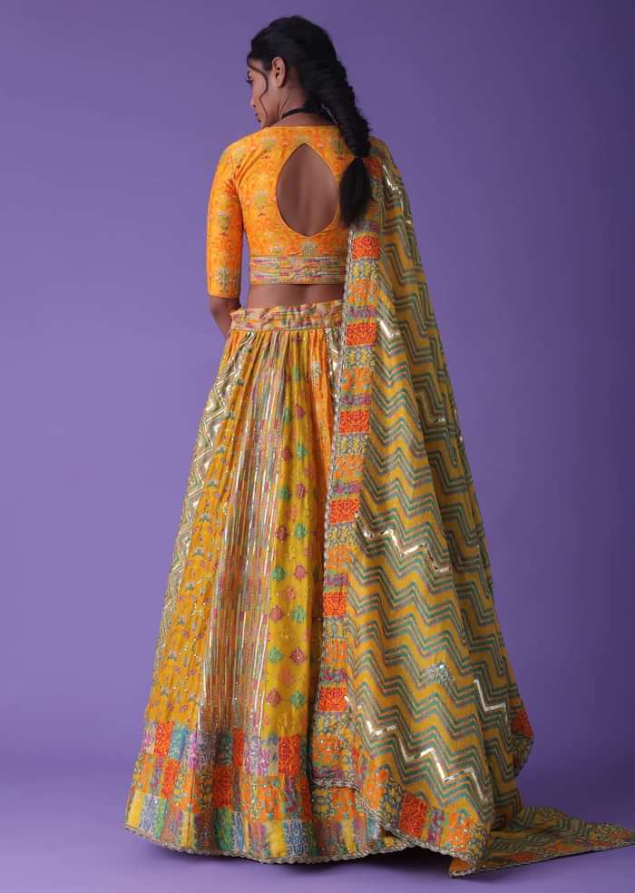 Cyber Yellow Multicoloured Printed Panel Lehenga With Embroidery In Silk