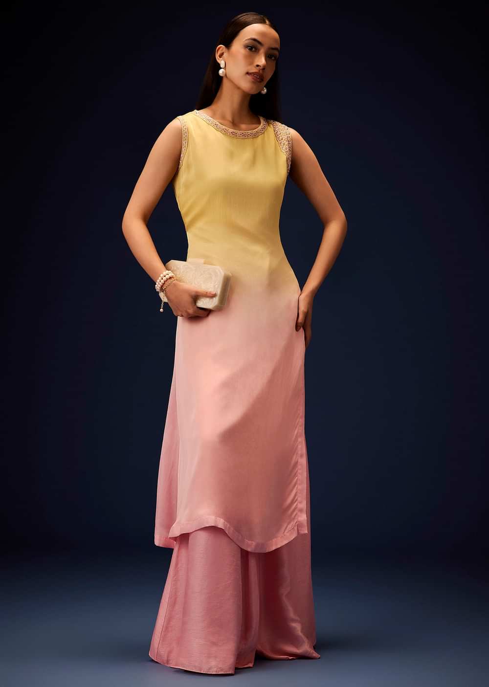 Yellow Ombre A Line Kurta With Bell Bottom Pants