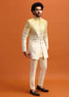 Yellow Ombre Indowestern Set With Foil Applique For Men