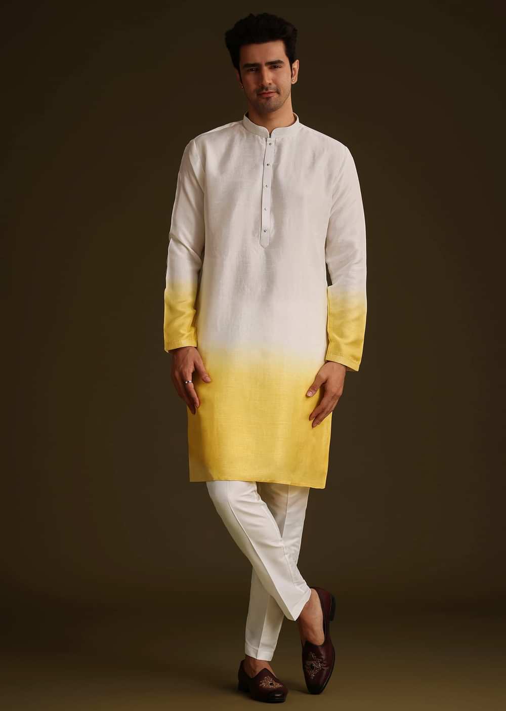 Yellow Ombre Silk Kurta Set With Dori Work Embroidered Jacket