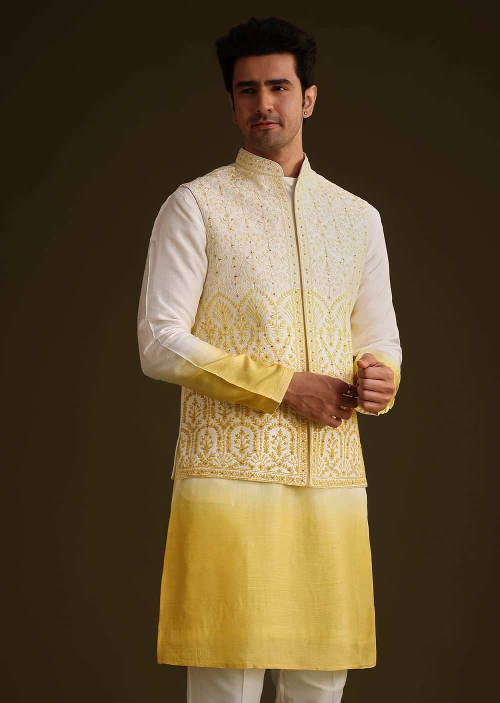 Yellow Ombre Silk Kurta Set With Dori Work Embroidered Jacket