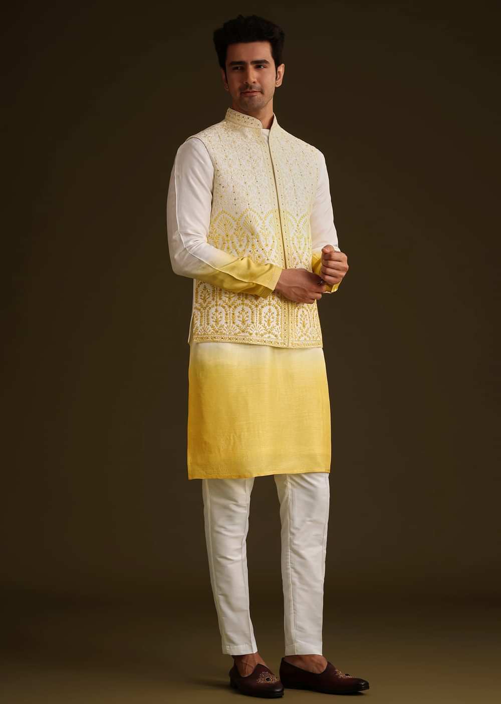 Yellow Ombre Silk Kurta Set With Dori Work Embroidered Jacket
