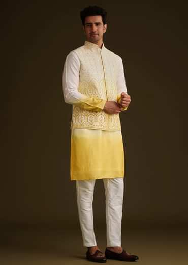 Yellow Ombre Silk Kurta Set With Dori Work Embroidered Jacket