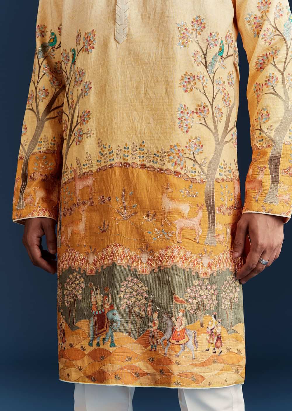 Yellow Ombre Silk Kurta Set With Floral And Animal Print Motifs