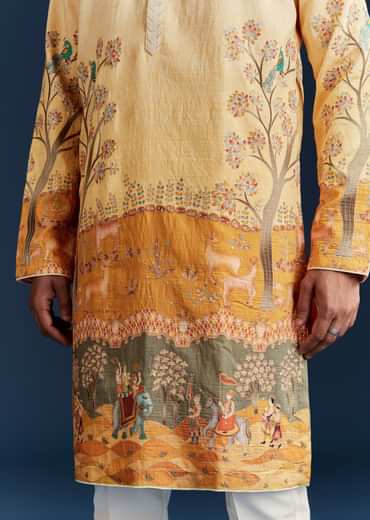 Yellow Ombre Silk Kurta Set With Floral And Animal Print Motifs