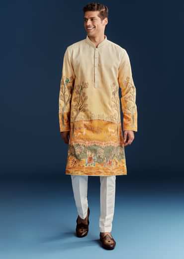 Yellow Ombre Silk Kurta Set With Floral And Animal Print Motifs