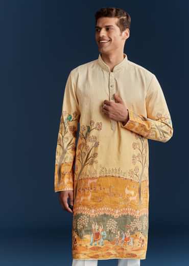 Yellow Ombre Silk Kurta Set With Floral And Animal Print Motifs