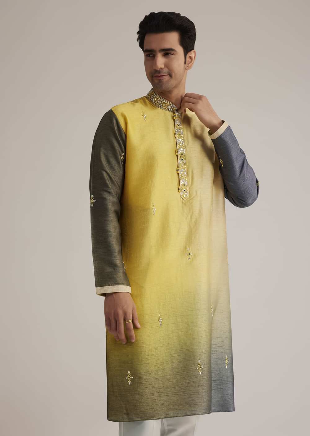 Yellow Ombre Silk Kurta Set With Mirror Work