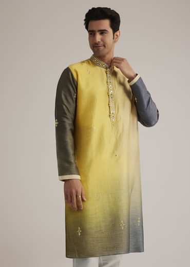 Yellow Ombre Silk Kurta Set With Mirror Work