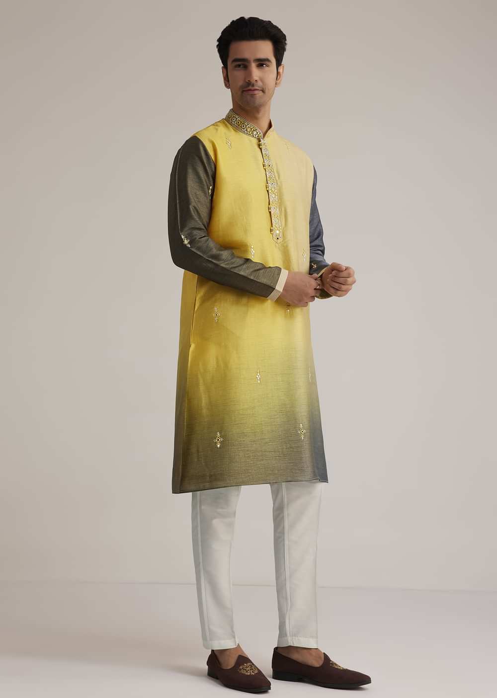 Yellow Ombre Silk Kurta Set With Mirror Work