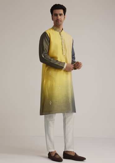 Yellow Ombre Silk Kurta Set With Mirror Work