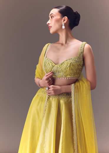 Yellow Organza Double Circular Lehenga Set With Hand Work