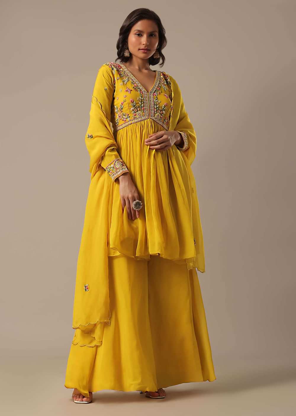 Yellow Organza Palazzo Set With Sequin Work