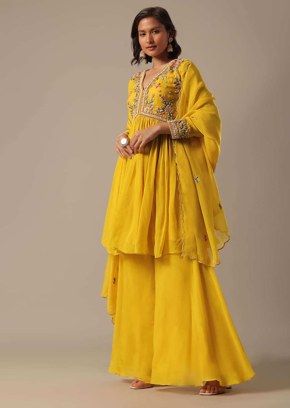 Yellow Organza Palazzo Set With Sequin Work