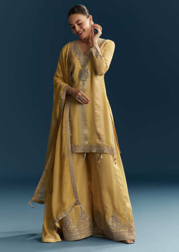 Yellow Organza Palazzo Suit With Zari And Mirror Embroidery