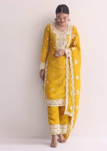 Yellow Organza Resham Threadwork Embroiderd Kurti Pant Set