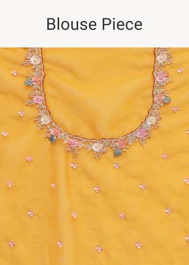 Yellow Organza Saree In 3D Sequins With Unstitched Blouse