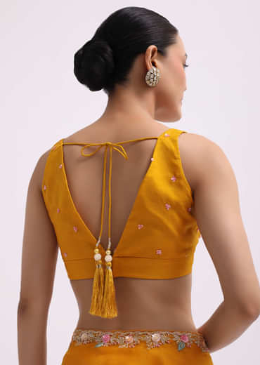 Yellow Organza Saree In 3D Sequins With Unstitched Blouse