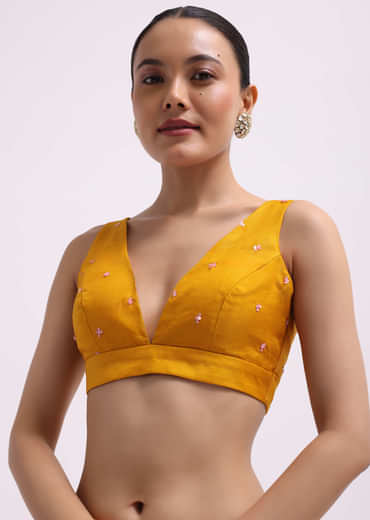 Yellow Organza Saree In 3D Sequins With Unstitched Blouse