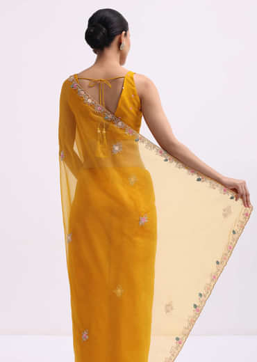 Yellow Organza Saree In 3D Sequins With Unstitched Blouse