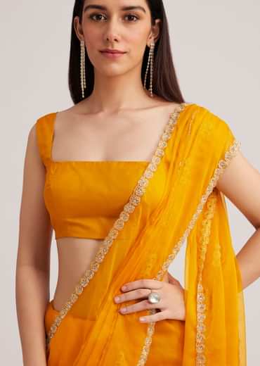 Yellow Organza Saree With Cutdana Embroidery