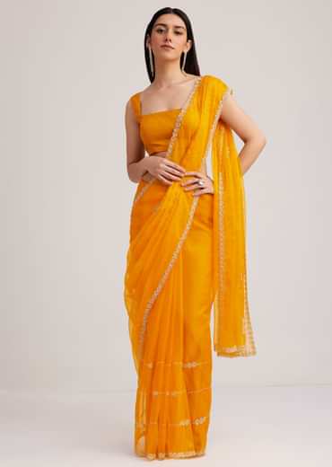 Yellow Organza Saree With Cutdana Embroidery