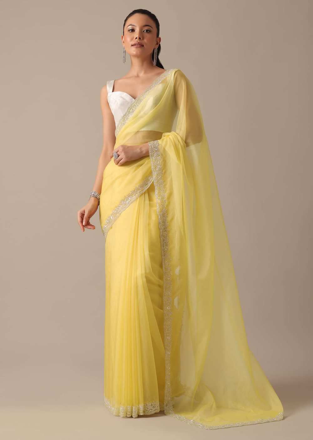 Yellow Organza Saree With Scallop Border And Unstitched Blouse Piece
