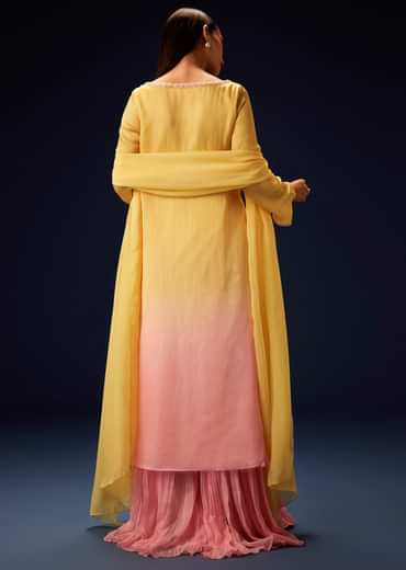 Yellow Orgnaza Kurta Palazzo Suit With Bell Bottom Pants
