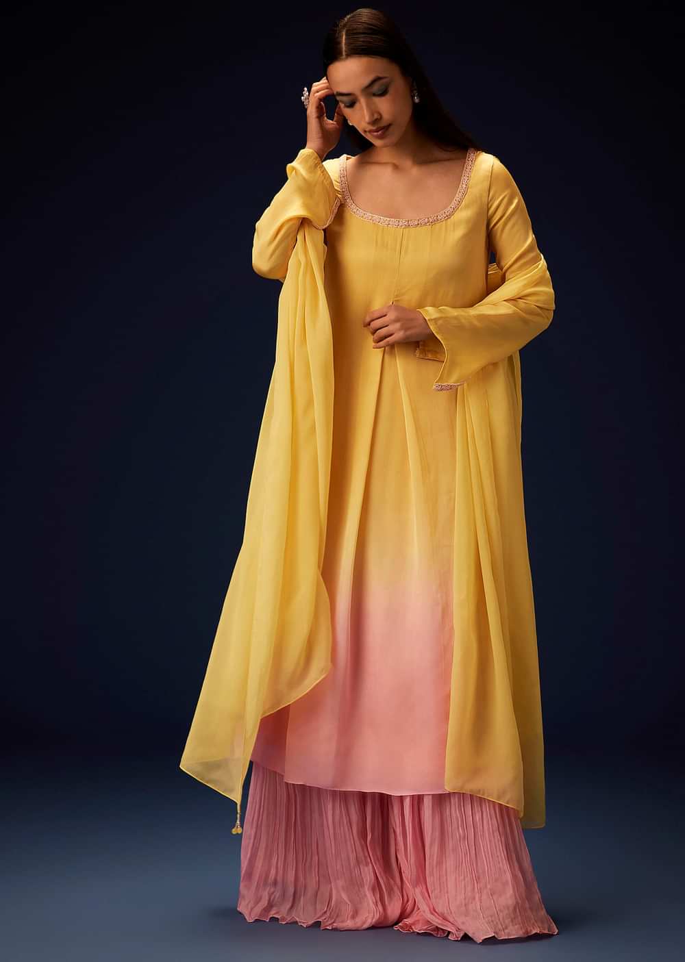 Yellow Orgnaza Kurta Palazzo Suit With Bell Bottom Pants