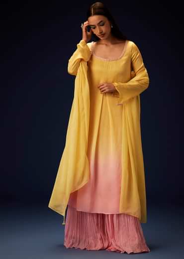Yellow Orgnaza Kurta Palazzo Suit With Bell Bottom Pants