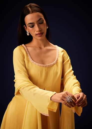 Yellow Orgnaza Kurta Palazzo Suit With Bell Bottom Pants