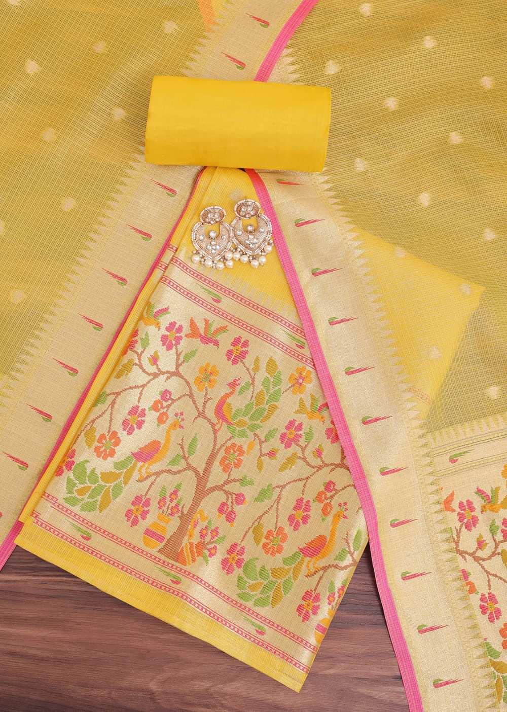 Yellow Woven Silk Paithani Dress Material