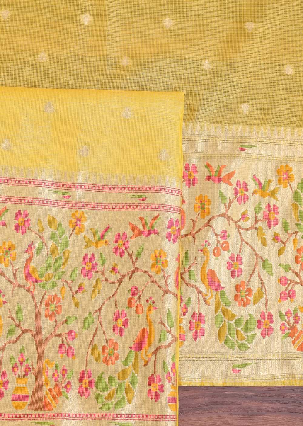 Yellow Woven Silk Paithani Dress Material