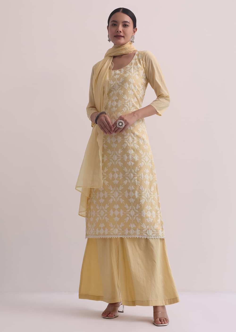 Yellow Palazzo Set With Patchwork Kurta