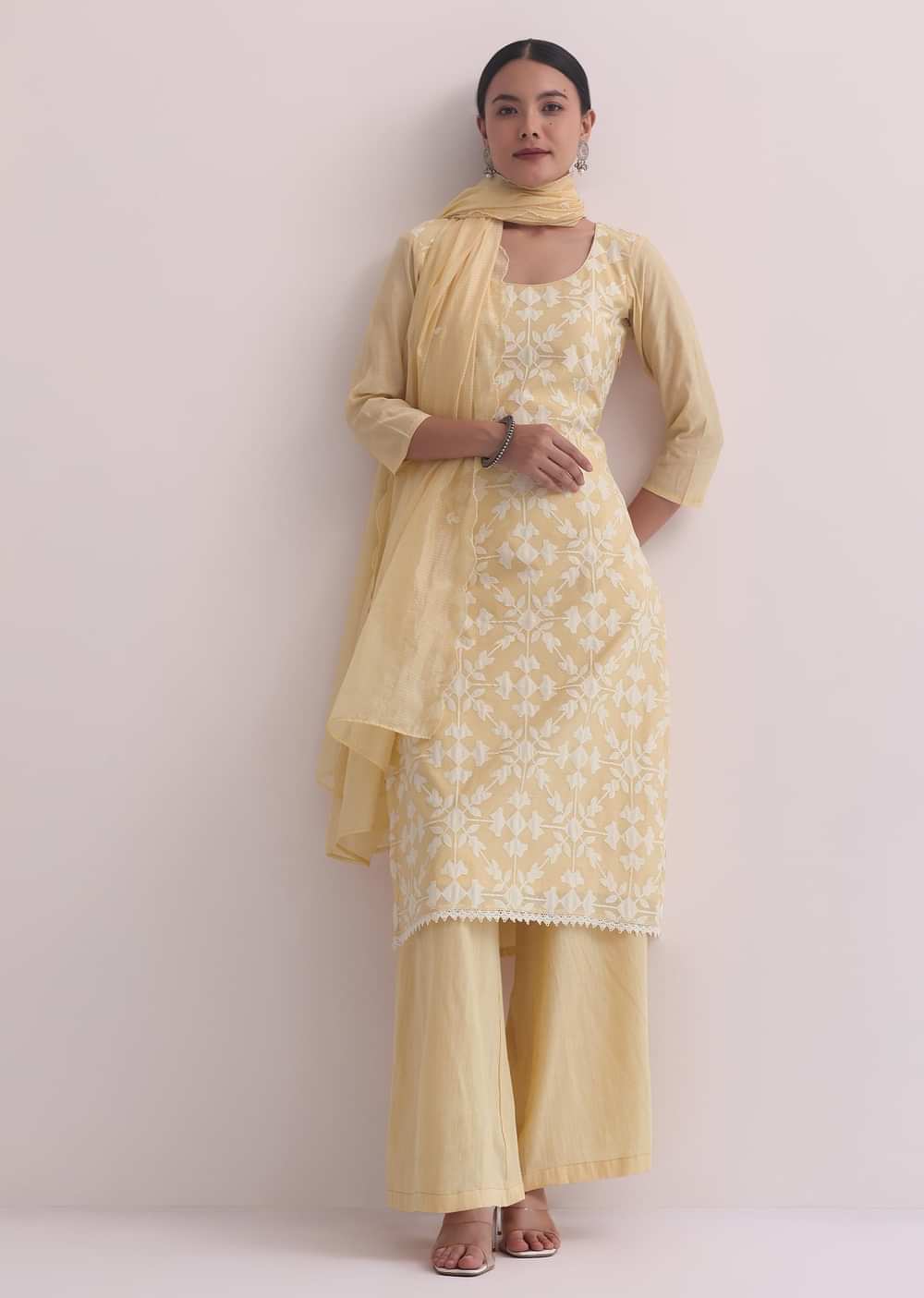 Yellow Palazzo Set With Patchwork Kurta