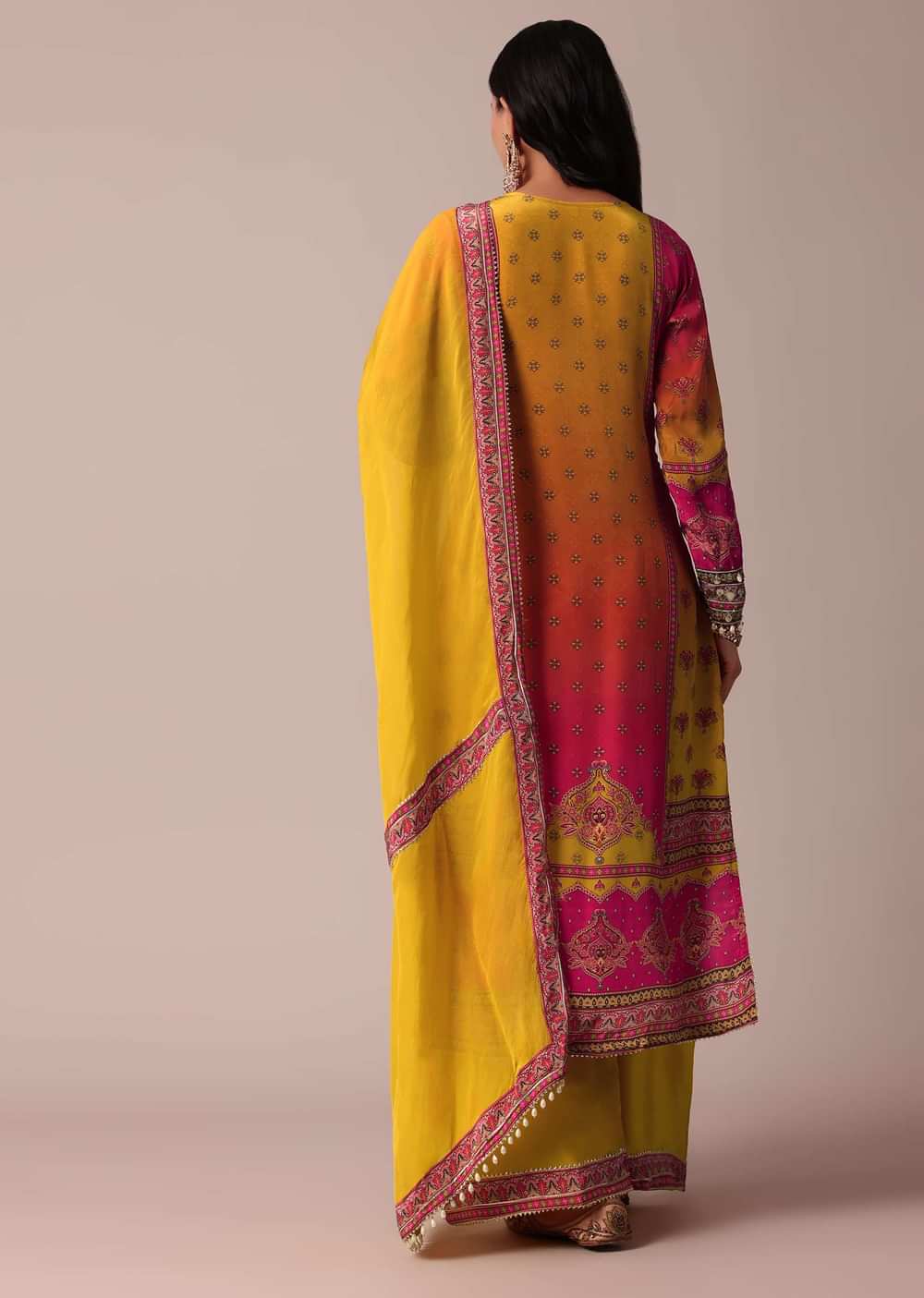 Yellow Palazzo Set With Zari Work Printed Kurta