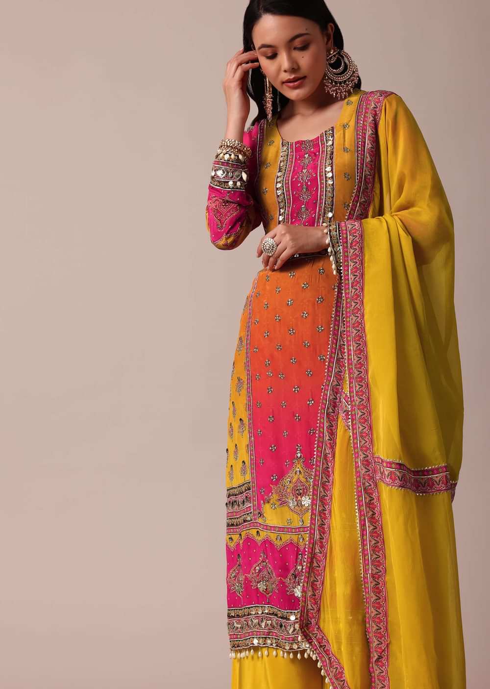 Yellow Palazzo Set With Zari Work Printed Kurta