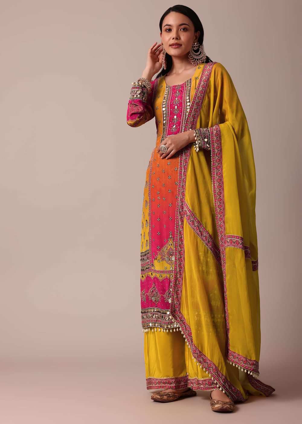 Yellow Palazzo Set With Zari Work Printed Kurta