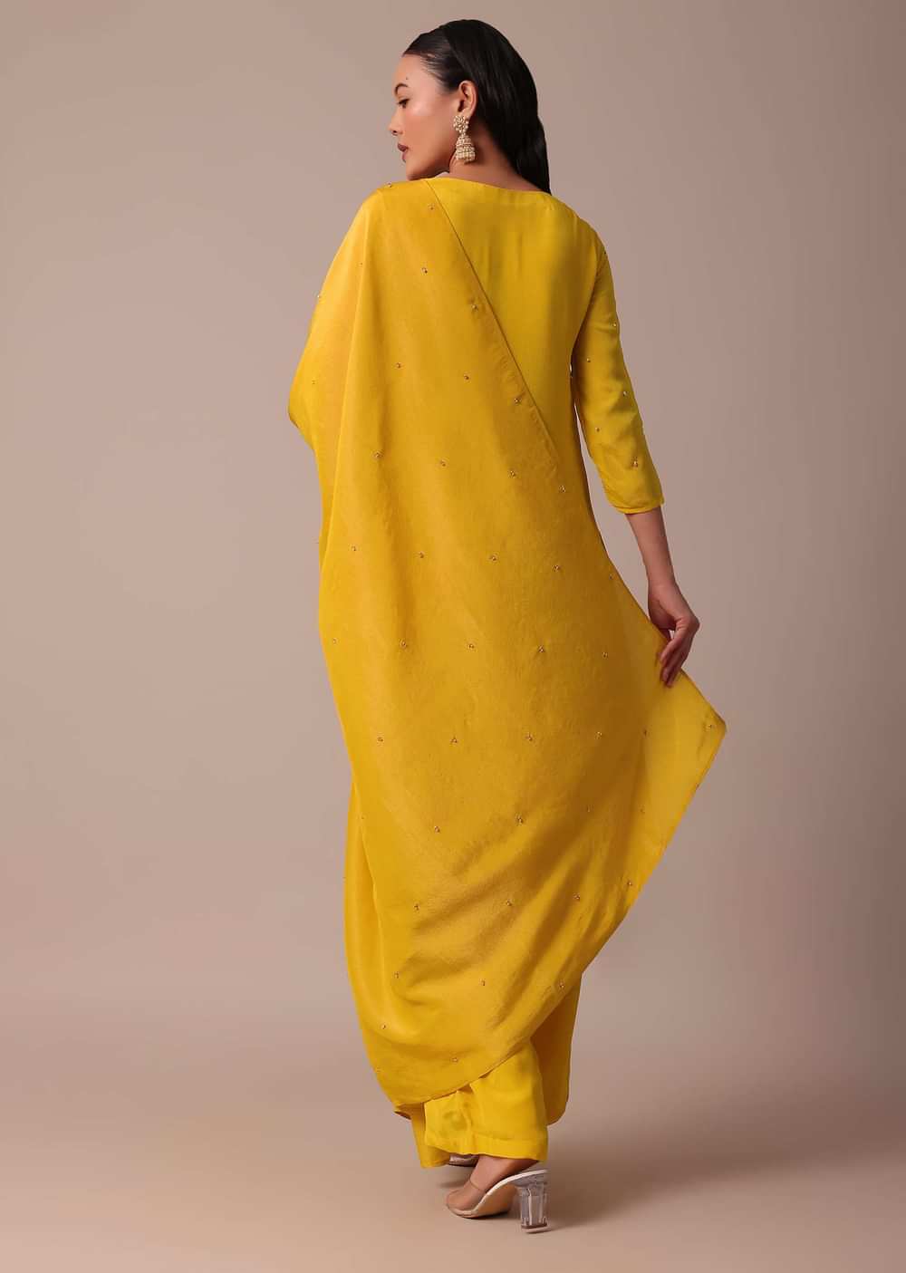 Yellow Pant Set In Chiffon With Sequin Work Kurta