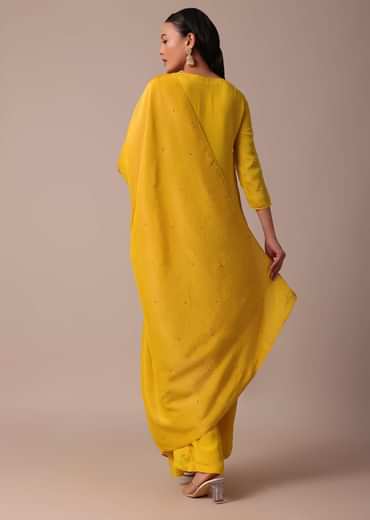 Yellow Pant Set In Chiffon With Sequin Work Kurta